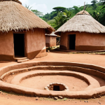 **A vibrant Burundian village scene:** Focus on the circular layout of traditional homes ("Rumah Bulat") constructed from natural materials like clay and thatch. Highlight the communal space in the center of the village, showcasing daily life and interactions between villagers. Capture the earthy tones and textures of the buildings, and include geometric patterns decorating the walls.