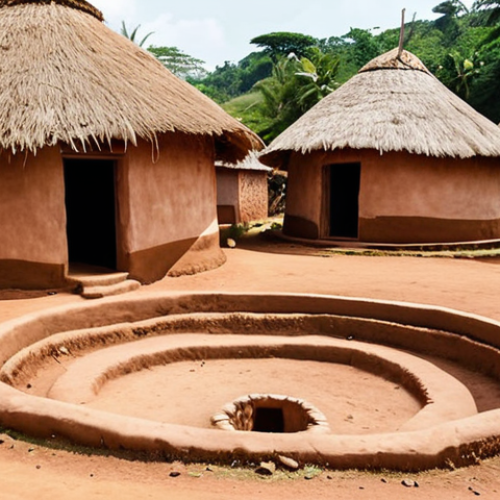 Home 4 **A vibrant Burundian village scene:** Focus on the circular layout of traditional homes ("Rumah Bulat") constructed from natural materials like clay and thatch. Highlight the communal space in the center of the village, showcasing daily life and interactions between villagers. Capture the earthy tones and textures of the buildings, and include geometric patterns decorating the walls.