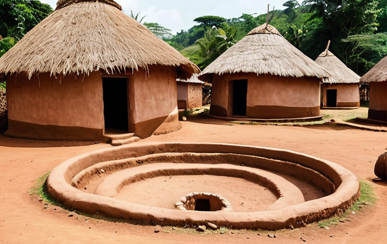 **A vibrant Burundian village scene:** Focus on the circular layout of traditional homes ("Rumah Bulat") constructed from natural materials like clay and thatch. Highlight the communal space in the center of the village, showcasing daily life and interactions between villagers. Capture the earthy tones and textures of the buildings, and include geometric patterns decorating the walls.